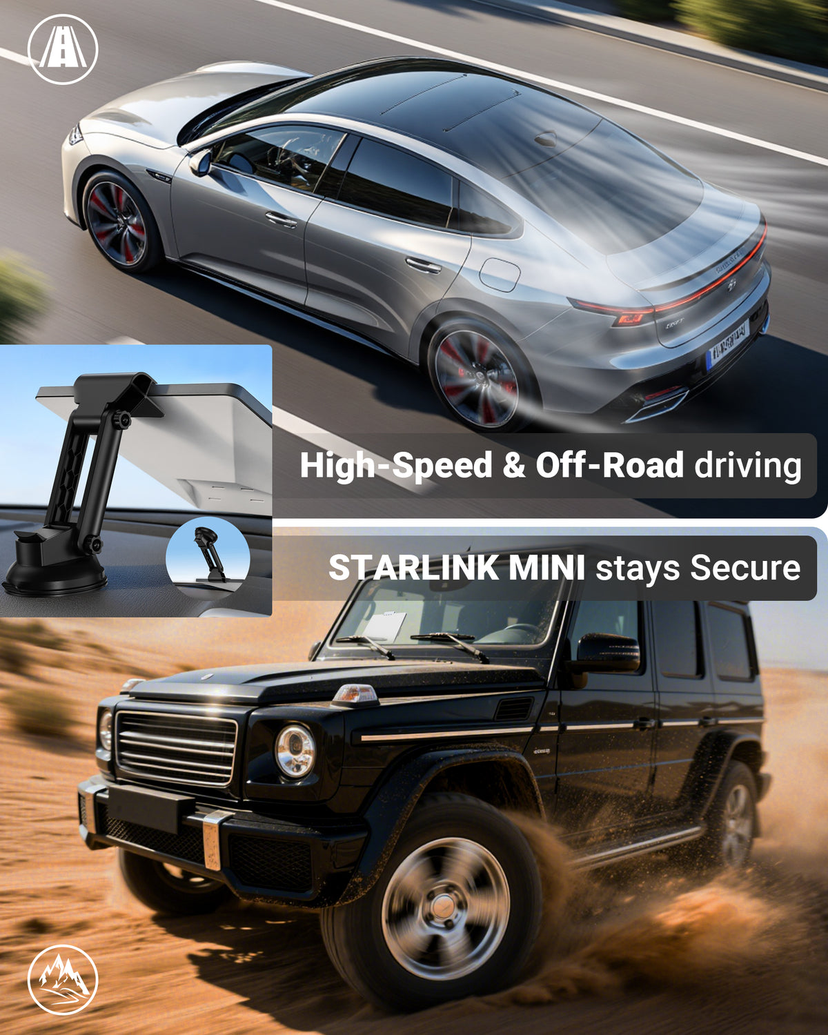 Starlink Mini suction cup mount secured inside car during high speed and off-road driving